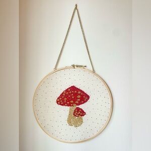 Beaded Mushroom Embroidery Hanging Wall Art Red Gold Sparkle Cottagecore
